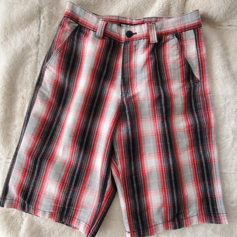 Men's Plaid Cotton Blend Shorts - Red, Black & White
